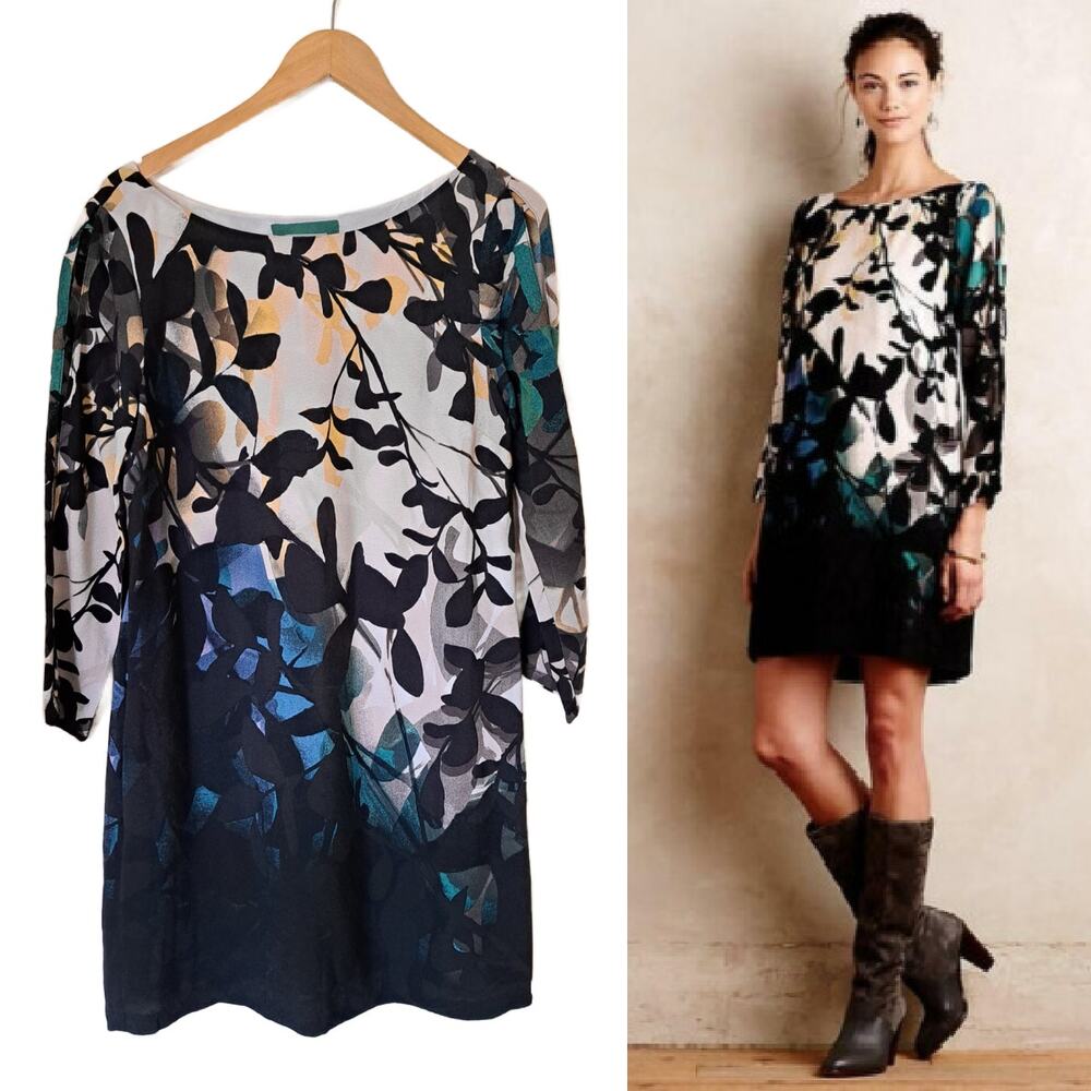 Anthropologie Maeve Shaded Garden Dress Size Small Dark Floral Tunic Cutout Slve